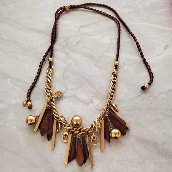 ✨ J.Crew Geometric Wood Rhinestones Crystals Balls Cord Necklace ✨ - Picture 12 of 16